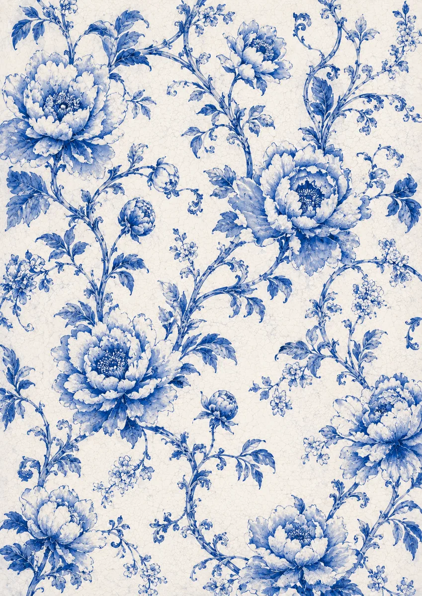 Trailing blue peonies and delicate flowering vines on an antique crackle background
